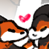 a drawing of fundy and fwhip, both as humans and as animals. the human versions are in the background, chest up, and facing away from eachother. the animal versions are small & facing eachother. fwhip is a calico cat and fundy is a fox.